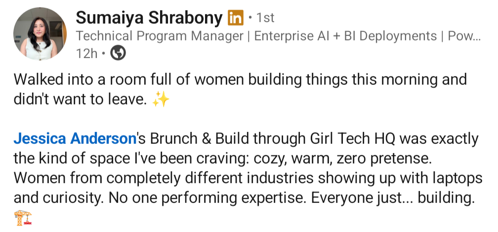 Sumaiya Shrabony on LinkedIn about Girl Tech HQ Brunch & Build