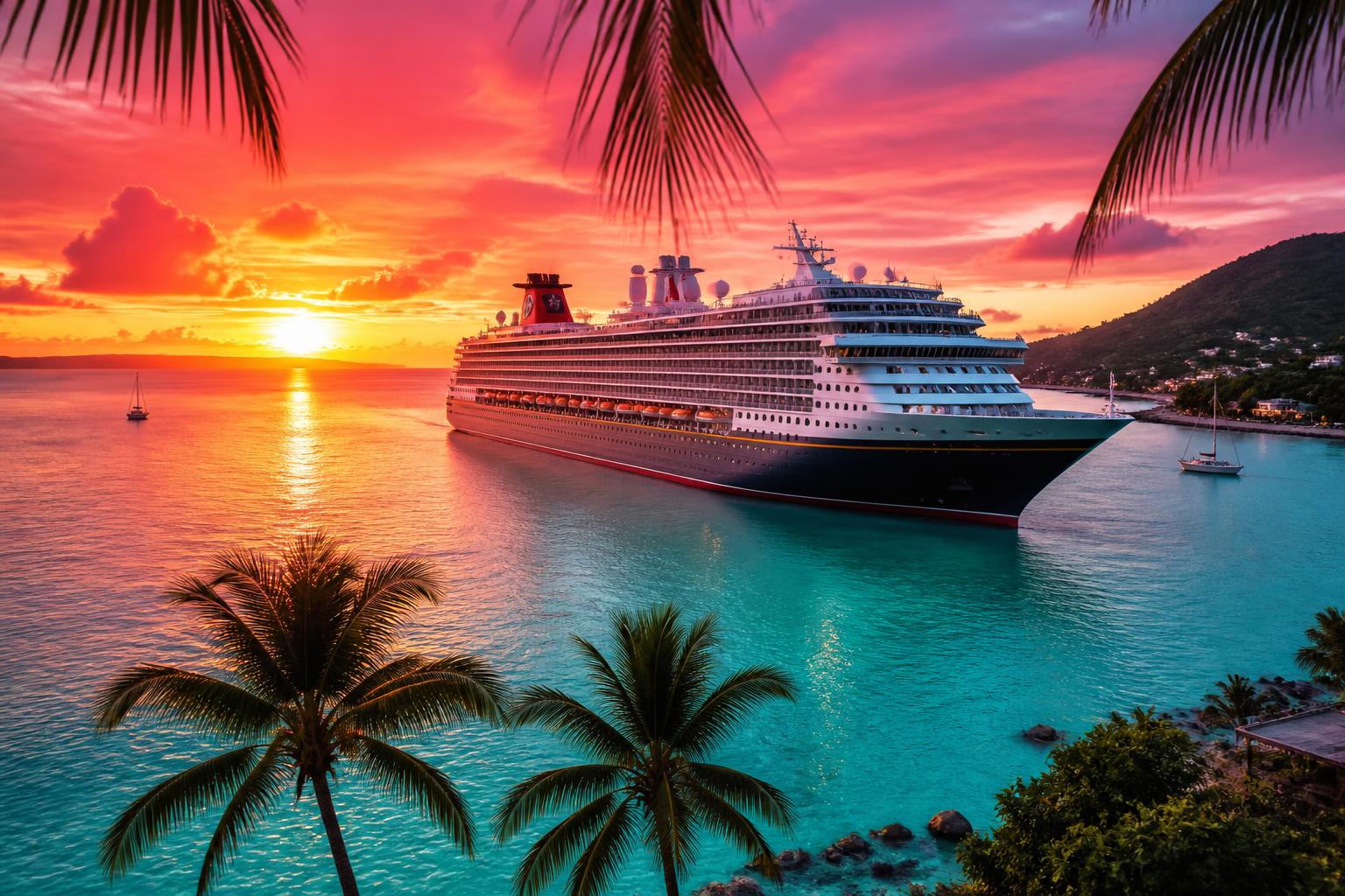 Luxury cruise ship at Caribbean sunset